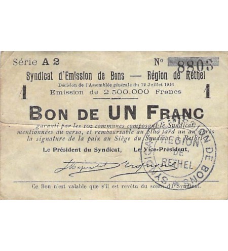 REGION DE RETHEL - BON DE 1 FRANC 12/07/1916