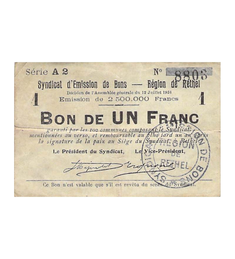 REGION DE RETHEL - BON DE 1 FRANC 12/07/1916