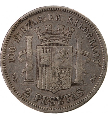 ESPAGNE, GOUVERNEMENT PROVISOIRE - 2 PESETAS ARGENT 1870 DEM
