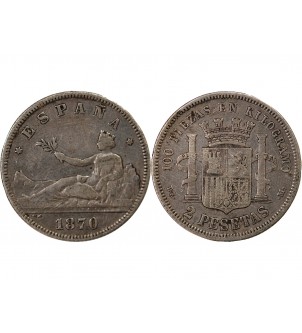 ESPAGNE, GOUVERNEMENT PROVISOIRE - 2 PESETAS ARGENT 1870 DEM 2
