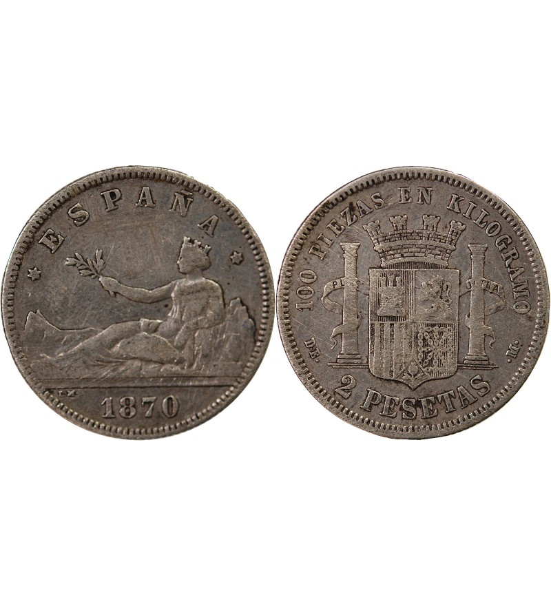 ESPAGNE, GOUVERNEMENT PROVISOIRE - 2 PESETAS ARGENT 1870 DEM