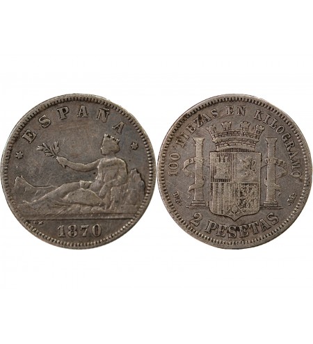 ESPAGNE, GOUVERNEMENT PROVISOIRE - 2 PESETAS ARGENT 1870 DEM