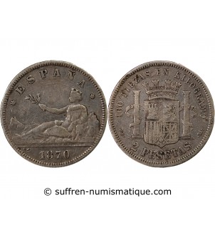 ESPAGNE, GOUVERNEMENT PROVISOIRE - 2 PESETAS ARGENT 1870 DEM