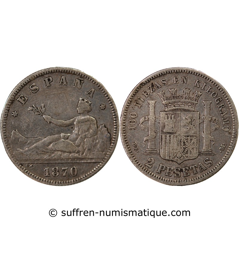 ESPAGNE, GOUVERNEMENT PROVISOIRE - 2 PESETAS ARGENT 1870 DEM