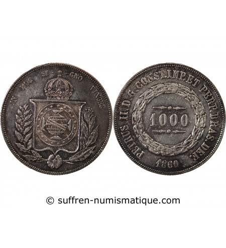 BRESIL, PIERRE II - 1000 REIS ARGENT 1860