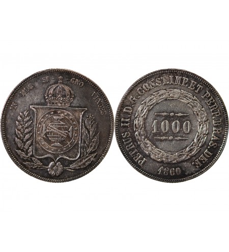 BRESIL, PIERRE II - 1000 REIS ARGENT 1860