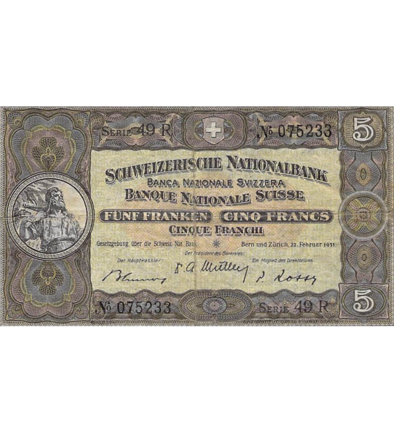 SUISSE, GUILLAUME TELL - 5 FRANCS 22/02/1951