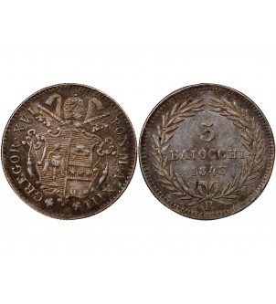 VATICAN, GREGOIRE XVI - 5 BAIOCCHI ARGENT 1843 ROME 2