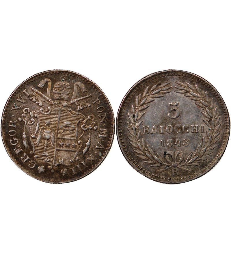 VATICAN, GREGOIRE XVI - 5 BAIOCCHI ARGENT 1843 ROME