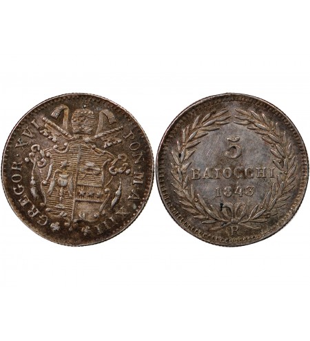 VATICAN, GREGOIRE XVI - 5 BAIOCCHI ARGENT 1843 ROME