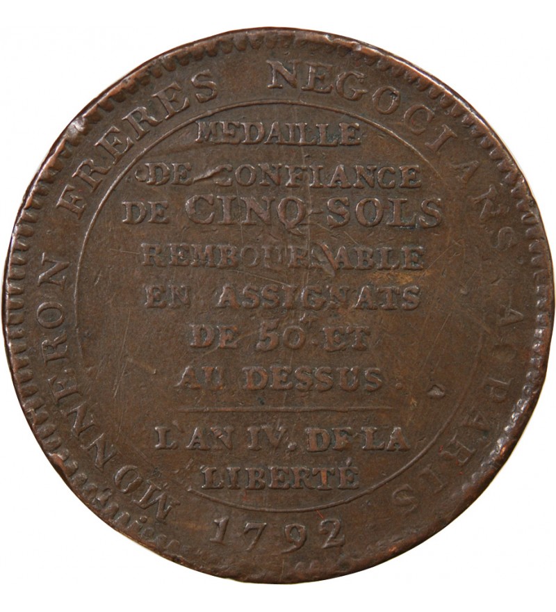 MONNAIE DE CONFIANCE - MONNERON 5 SOLS AU SERMENT 1792 L'AN IV