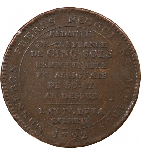 MONNAIE DE CONFIANCE - MONNERON 5 SOLS AU SERMENT 1792 L'AN IV