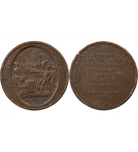 MONNAIE DE CONFIANCE - MONNERON 5 SOLS AU SERMENT 1792 L'AN IV