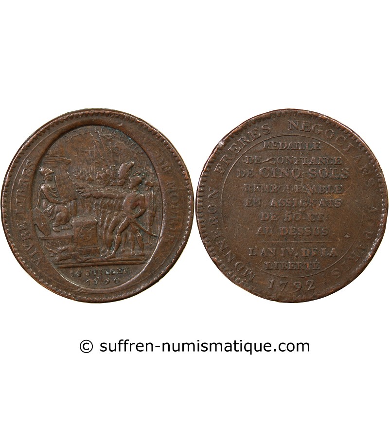 MONNAIE DE CONFIANCE - MONNERON 5 SOLS AU SERMENT 1792 L'AN IV