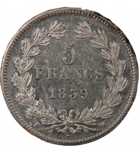 LOUIS PHILIPPE﻿ - 5 FRANCS ARGENT 1839 W LILLE "Type Domard, Tr relief"