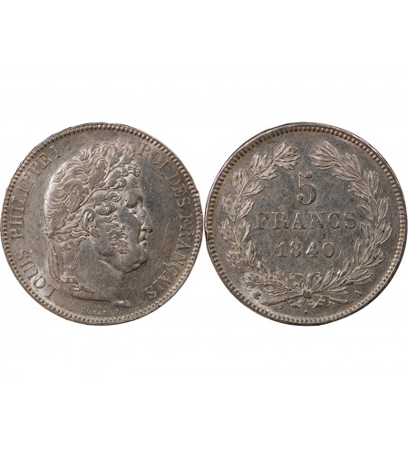 LOUIS PHILIPPE﻿ - 5 FRANCS ARGENT 1840 A PARIS "Type Domard, Tr relief"