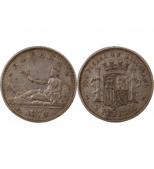 ESPAGNE, GOUVERNEMENT PROVISOIRE - 2 PESETAS ARGENT 1870 DEM 2