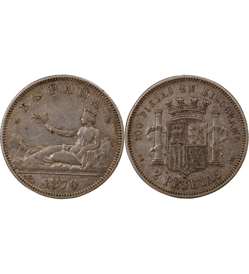 ESPAGNE, GOUVERNEMENT PROVISOIRE - 2 PESETAS ARGENT 1870 DEM