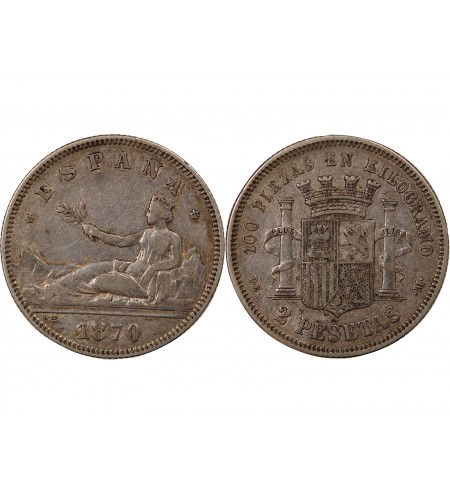 ESPAGNE, GOUVERNEMENT PROVISOIRE - 2 PESETAS ARGENT 1870 DEM