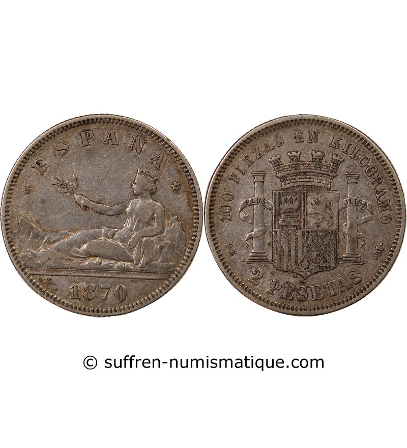 ESPAGNE, GOUVERNEMENT PROVISOIRE - 2 PESETAS ARGENT 1870 DEM