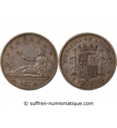ESPAGNE, GOUVERNEMENT PROVISOIRE - 2 PESETAS ARGENT 1870 DEM