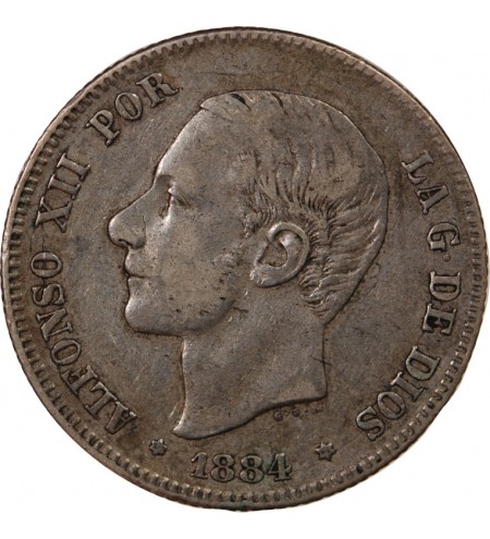 ESPAGNE, ALPHONSE XII - 2 PESETAS ARGENT 1884 MSM