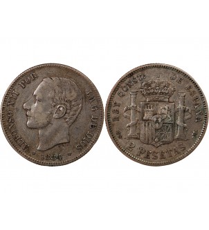 ESPAGNE, ALPHONSE XII - 2 PESETAS ARGENT 1884 MSM 2