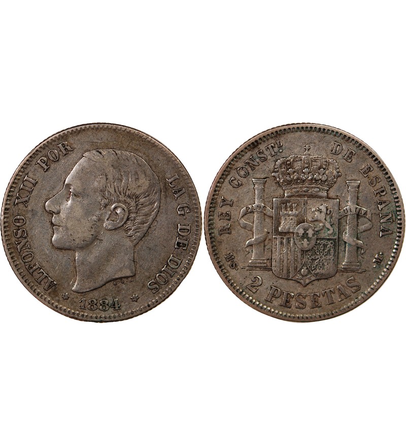 ESPAGNE, ALPHONSE XII - 2 PESETAS ARGENT 1884 MSM