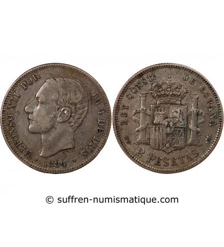 ESPAGNE, ALPHONSE XII - 2 PESETAS ARGENT 1884 MSM
