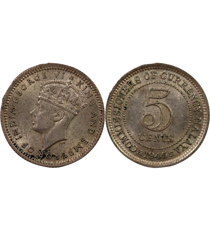 MALAISIE OCCIDENTALE, GEORGES VI - 5 CENTS ARGENT 1945