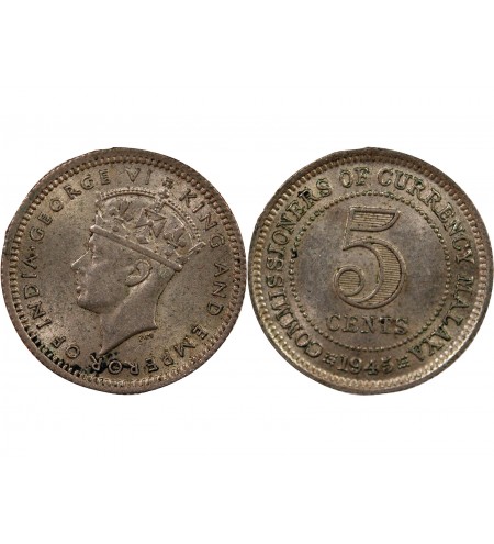 MALAISIE OCCIDENTALE, GEORGES VI - 5 CENTS ARGENT 1945