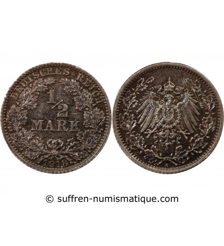 ALLEMAGNE, WILHELM II - 1/2 MARK ARGENT 1918 A BERLIN