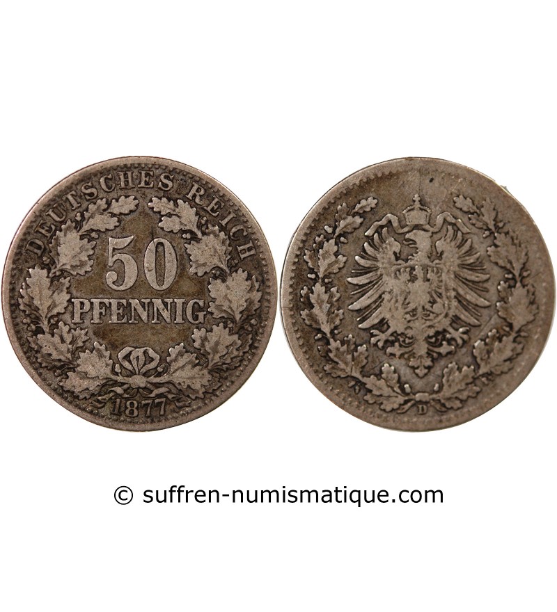 ALLEMAGNE, WILHELM Ier - 50 PFENNIG ARGENT 1877 D MUNICH