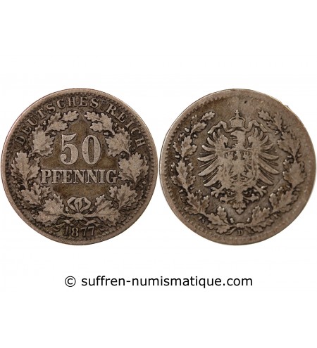 ALLEMAGNE, WILHELM Ier - 50 PFENNIG ARGENT 1877 D MUNICH