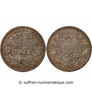 ALLEMAGNE, WILHELM II - 1/2 MARK ARGENT 1911 G KARLSRUHE