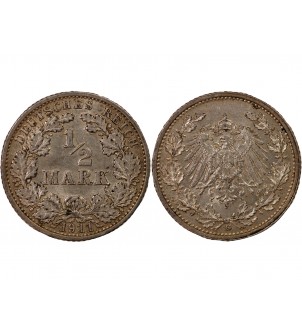 ALLEMAGNE, WILHELM II - 1/2 MARK ARGENT 1911 G KARLSRUHE 2