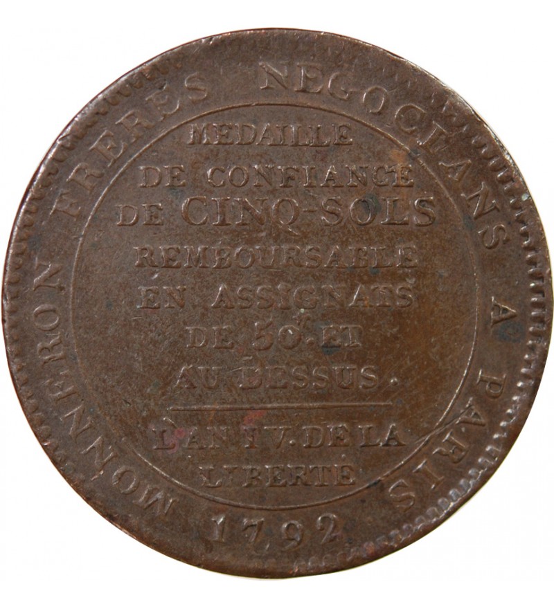 MONNAIE DE CONFIANCE - MONNERON 5 SOLS AU SERMENT 1792 L'AN IV