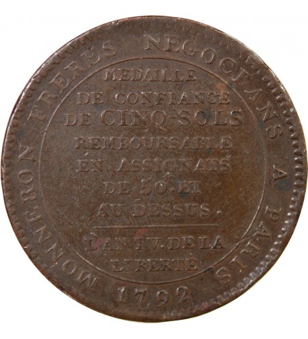 MONNAIE DE CONFIANCE - MONNERON 5 SOLS AU SERMENT 1792 L'AN IV