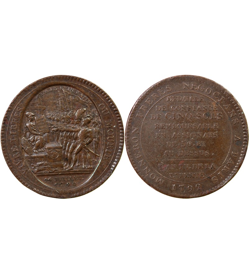 MONNAIE DE CONFIANCE - MONNERON 5 SOLS AU SERMENT 1792 L'AN IV