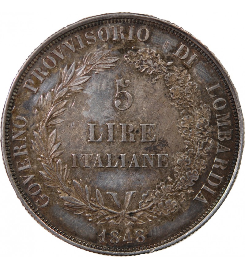 ROYAUME DE LOMBARDIE, GOUVERNEMENT PROVISOIRE - 5 LIRE ARGENT 1848 M MILAN