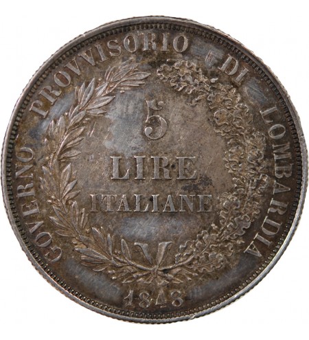 ROYAUME DE LOMBARDIE, GOUVERNEMENT PROVISOIRE - 5 LIRE ARGENT 1848 M MILAN