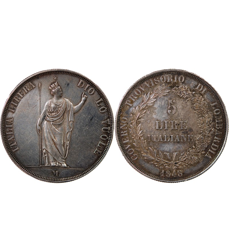 ROYAUME DE LOMBARDIE, GOUVERNEMENT PROVISOIRE - 5 LIRE ARGENT 1848 M MILAN