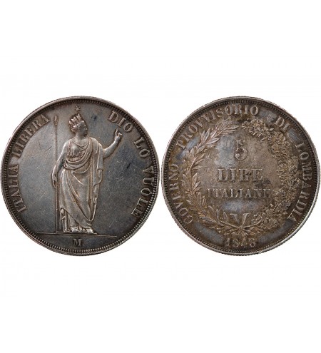 ROYAUME DE LOMBARDIE, GOUVERNEMENT PROVISOIRE - 5 LIRE ARGENT 1848 M MILAN