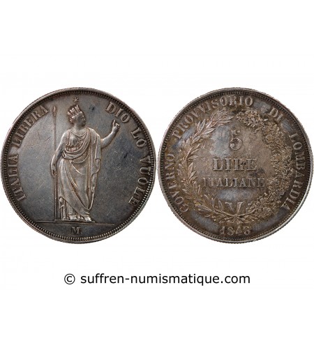 ROYAUME DE LOMBARDIE, GOUVERNEMENT PROVISOIRE - 5 LIRE ARGENT 1848 M MILAN