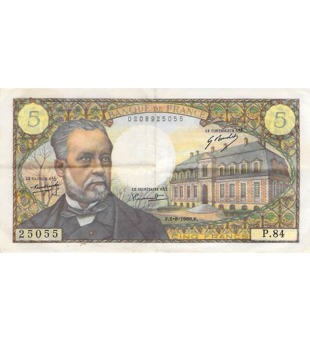 FRANCE, LOUIS PASTEUR - 5 FRANCS 01/08/1968 - SÉRIE P.84 - TTB+