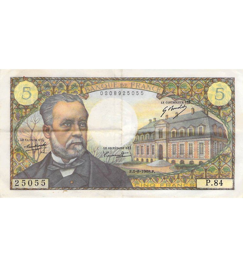 FRANCE, LOUIS PASTEUR - 5 FRANCS 01/08/1968 - SÉRIE P.84 - TTB+