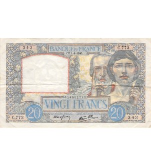FRANCE - 20 FRANCS TRAVAIL ET SCIENCE 01/08/1940 - TB+