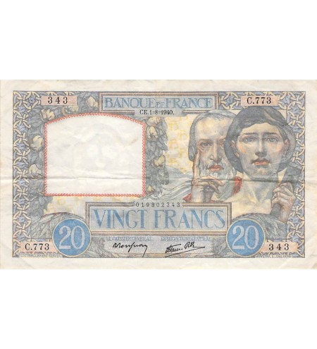 FRANCE - 20 FRANCS TRAVAIL ET SCIENCE 01/08/1940 - TB+