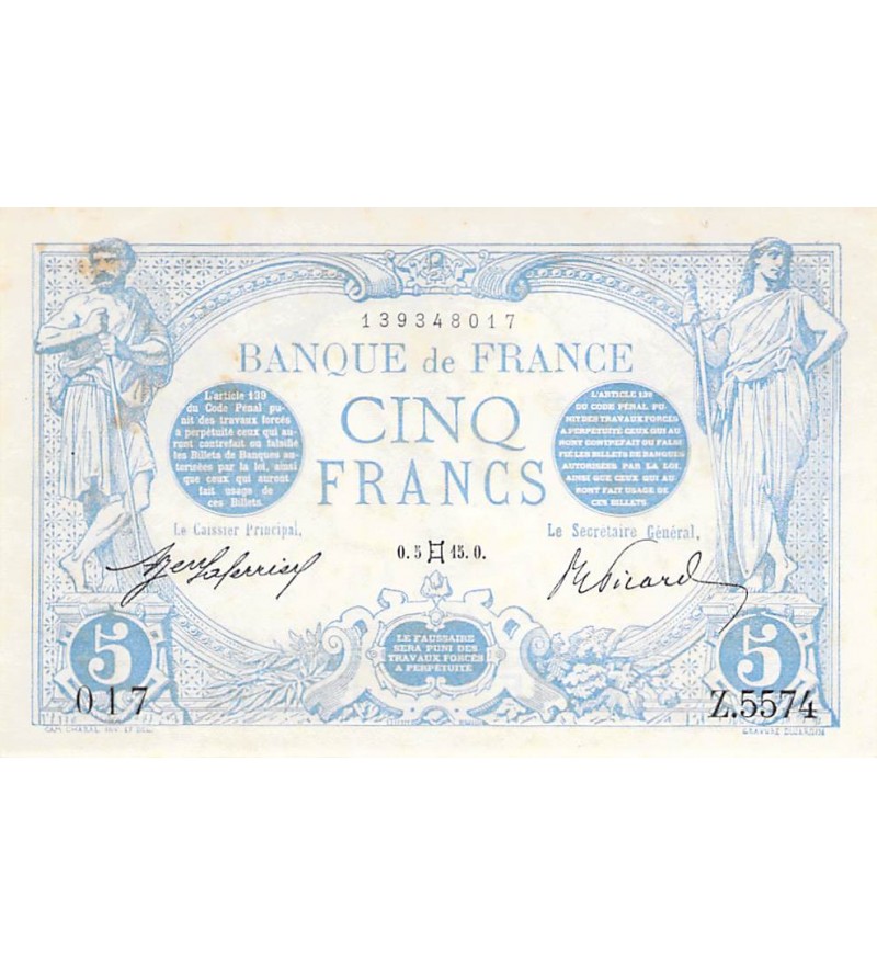 FRANCE - 5 FRANCS BLEU 12/08/1915 - TB+
