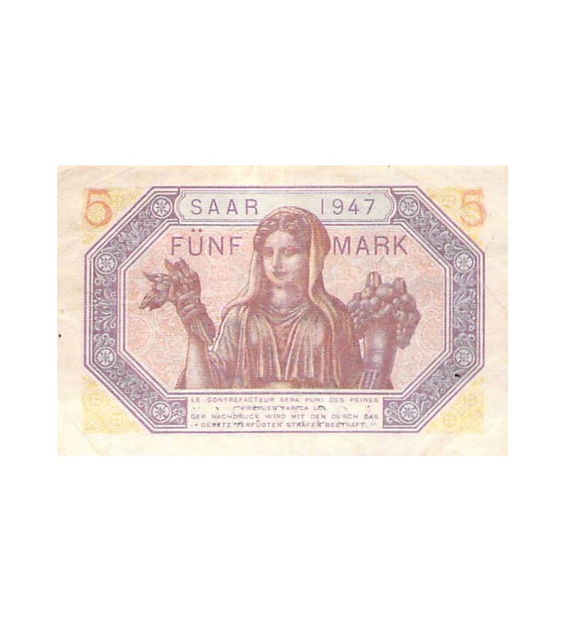 SARRE, OCCUPATION FRANÇAISE - 5 MARK 1947 - TTB